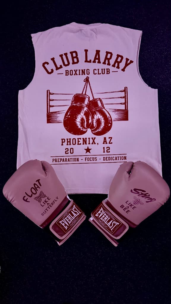 Dusty rose Club Larry Boxing Club tank with a maroon boxing ring and gloves print, laid out with rose Everlast gloves